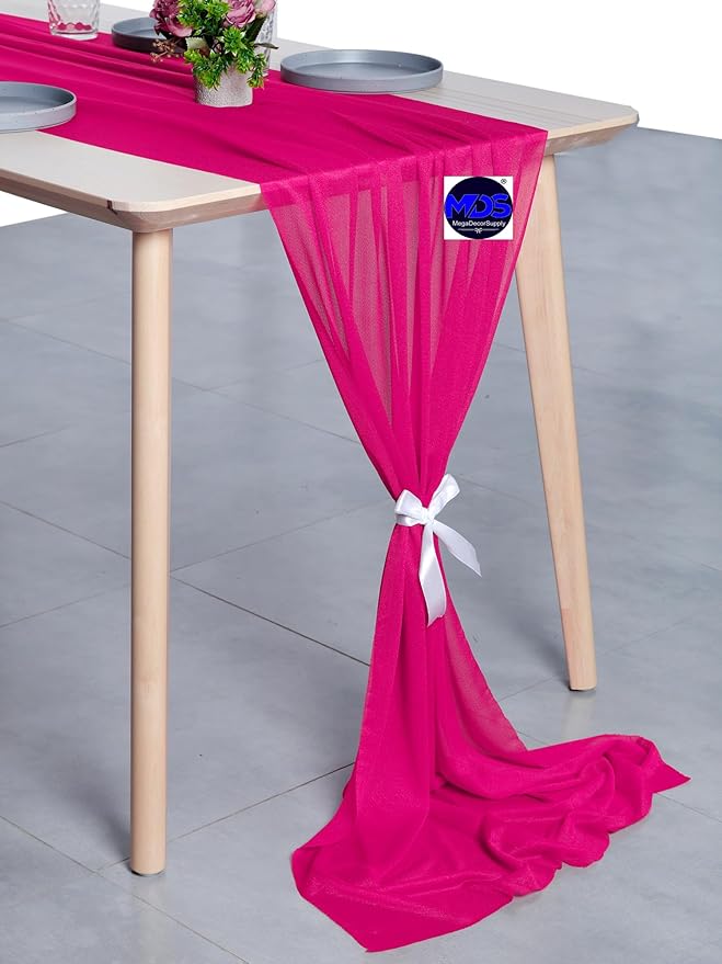 MDS 25 Pack 10ft Chiffon Table Runner 29 x 120 Inches Sheer Wedding Runner Romantic Rustic Table Runner for Wedding Decorations, Birthday Parties, Bridal Shower Party Arch Decor - Hot Pink