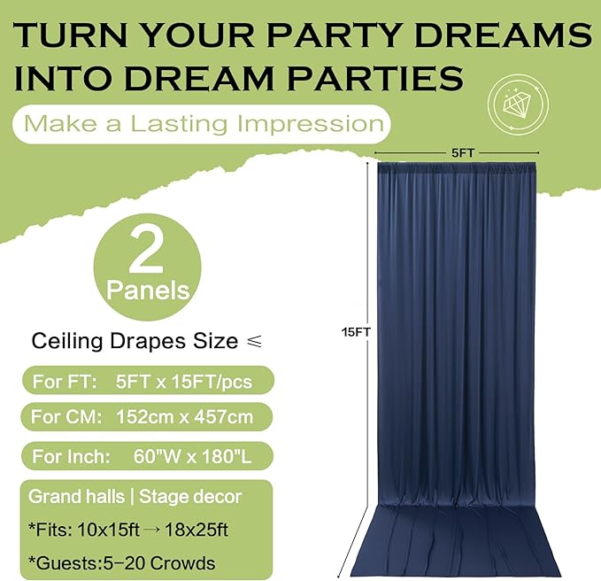 PartyVillage 10ft×15ft Navy Blue Backdrop Curtain for Wedding Parties, 2 Panels Wrinkle Free 15 FT Long Polyester Photo Backdrop Drapes Back Drop Cloth for Birthday Photography Background