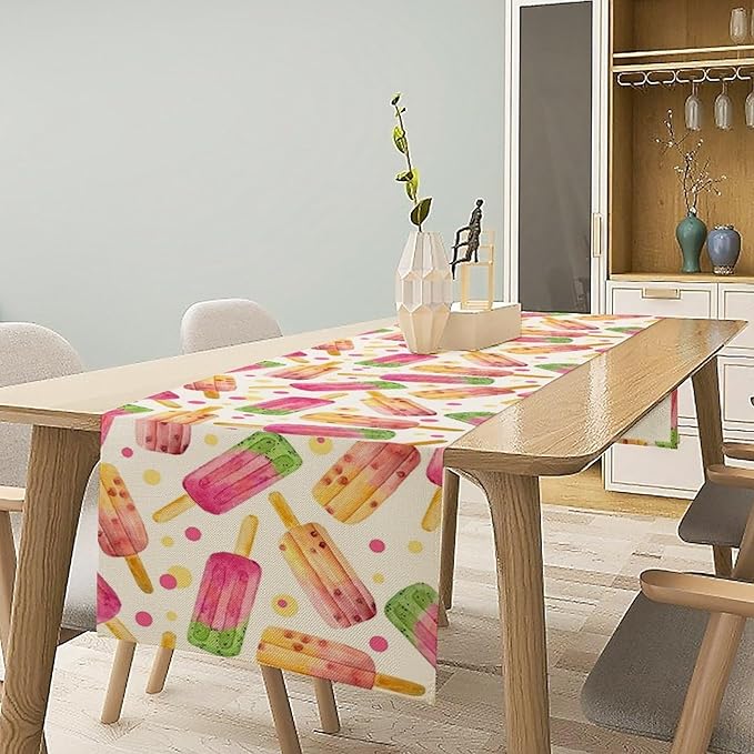 Ice Cream Popsicles Table Runner, Watercolor Summer Seasonal Fruit Peach Kiwi Berry Popsicles Orange Pink Sweet Dessert Dinner Runner for Party Holiday Home Kitchen Dining Table Decor 13"x60"
