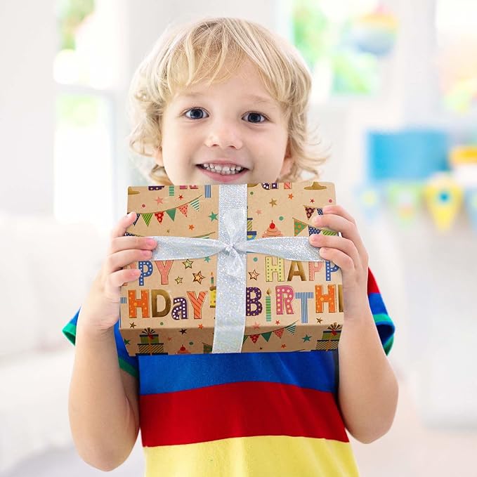 Aimyoo Colorful Birthday Wrapping Paper Roll - 17 Inch X 32.8 Feet - Gold Foil Happy Birthday Lettering, Cupcake & Flags Design Gift Wrap for Kids, Baby Showers