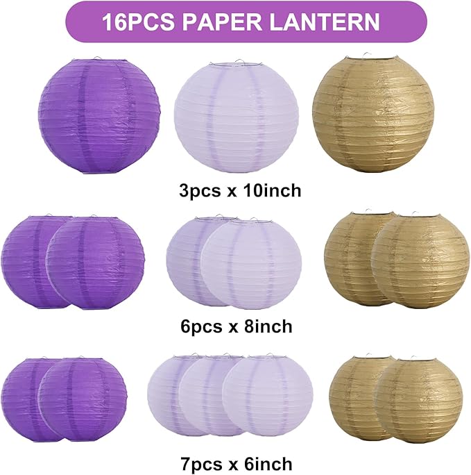 Round Paper Lanterns in Purple, Gold and Lavender, 16 Count Mixed Sizes