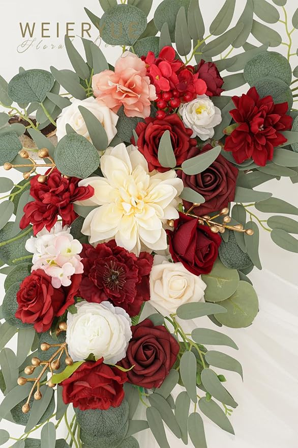 Artificial Wedding Arch Flowers Kit(Pack of 3),2Pcs Artificial Flower Arch Decor,1Pcs Sheer Drape for Wedding Ceremony Arbor for WeddingCeremony (Burgundy Wedding)