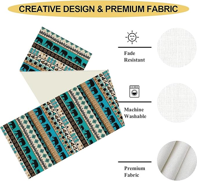 Boho Table Runner, Rustic Aztec Blue Teal African Elephant Tribal Ethnic Native Farmhouse Table Center Decor for Home Kitchen Dining Patio Holiday Party Indoor Outdoor Table Decorations, 13"x36" Inch