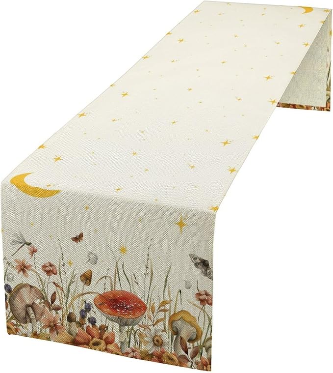 Mushroom Kitchen Table Runner, Gothic Moon Star Plants Witchy Moonlit Flower Butterfly Table Runner for Kitchen Dinner Living Room Drapes, 13x120 Inch White
