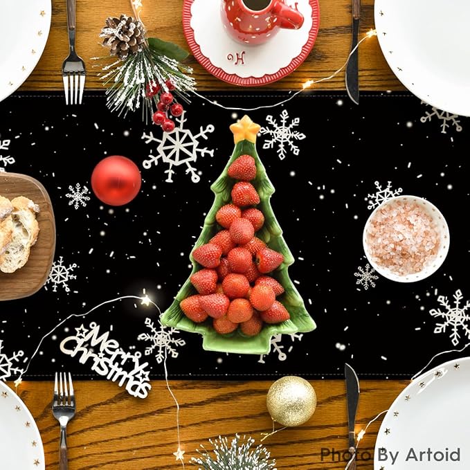 Artoid Mode Black Snowman Snowflake Let it Snow Winter Table Runner, Christmas Kitchen Dining Table Decoration for Home Party Decor 13x48 Inch