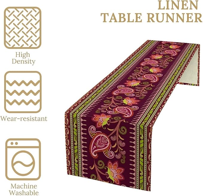 Dark Red Paisley Table Runner, Vintage Boho Paisley Flowers Geometric Print Table Cover for Farmhouse Wedding Party Home Kitchen Dining Table, 13x60inch