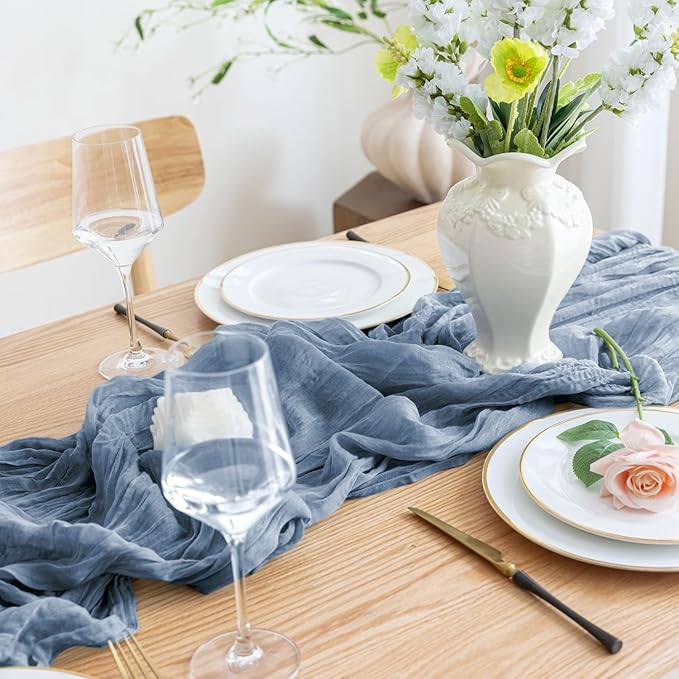 Asee'm 4pcs Cheesecloth Table Runner 120 Inches Long Dusty Blue Boho Gauze Cheese Cloth Runner 10FT Rustic Sheer Table Runners for Christmas Wedding Party Baby Shower Spring Easter Decoration