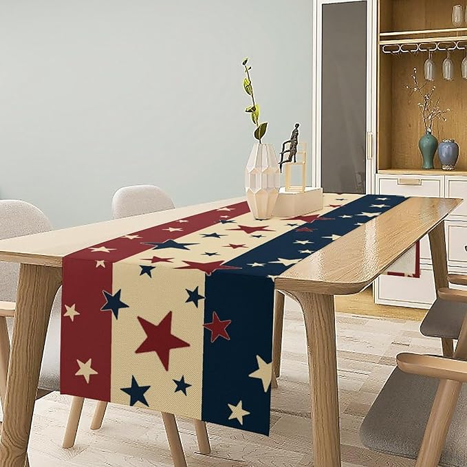 Memorial Day Table Runner, 4th of July American Patriotic Independence Day Stars Stripes Print Table Runne for Summer Holiday USA Home Decoration Party,13x90inch