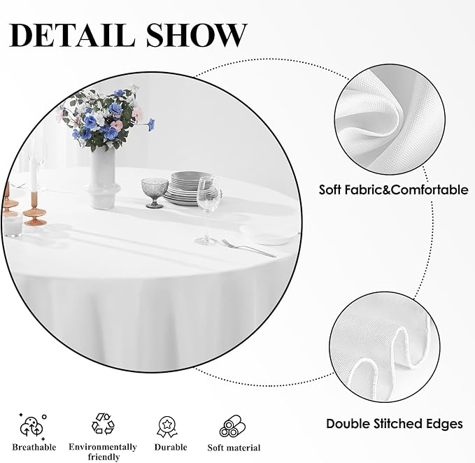 Round Tablecloth 2 Pack 90 Inch White Tablecloths Washable Decorative Linen Polyester Table Clothes Cover for Dining Table Banquets Buffet Parties and Wedding