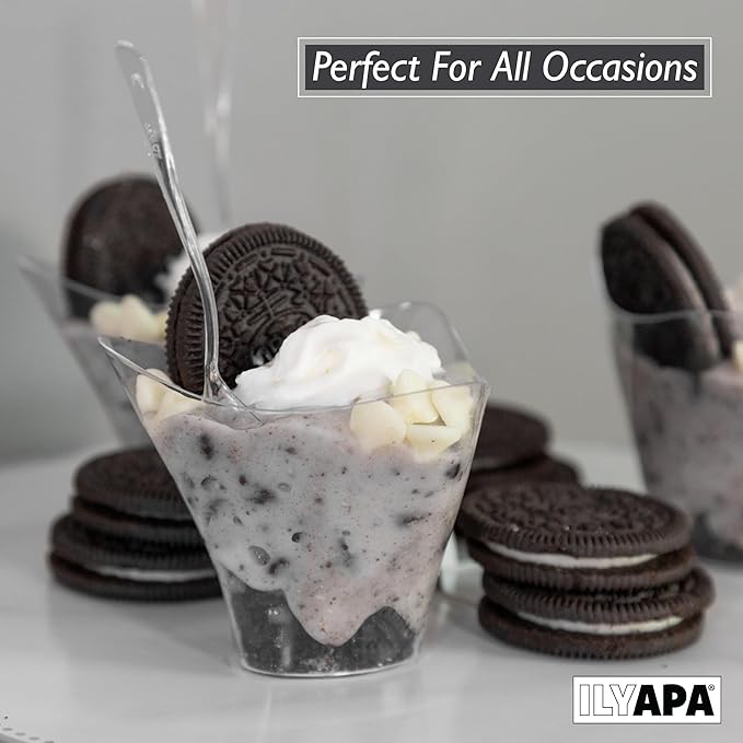 Ilyapa 3.5oz Plastic Dessert Cups - 100 Pack Mini Dessert Cups with Spoons - Clear Reusable Small Appetizer Cup for Cheesecake Shooters, Chocolate Mousse - Party and Catering Supplies - Parfait