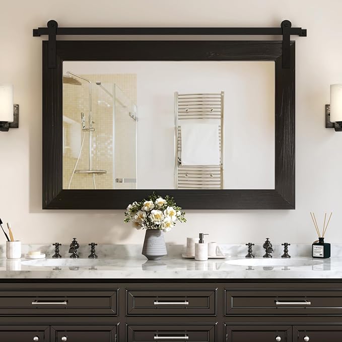 COGOOD Farmhouse Barn Door Mirror - 41" x 26" Rustic Wood Framed Wall Mirror for Bathroom, Living Room, Entryway Wall Decor (Black)