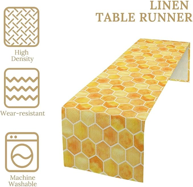 Honeycomb Bee Table Runner, Cute Abstract Geometric Yellow Honeycombs Print Table Cover for Kitchen Dining Table Indoor Outdoor Party Decor, 13x108inch