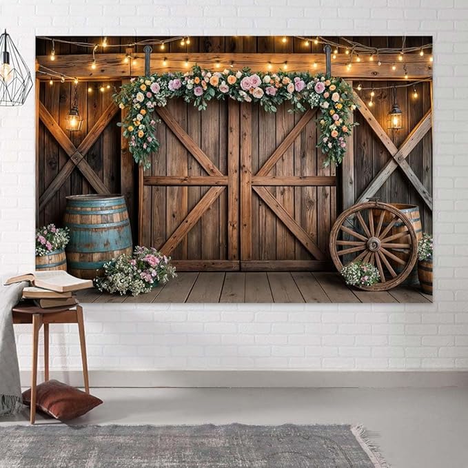 10x10ft Country Wedding Photography Backdrop Rustic Barn Door Photography Backdrop Farmhouse Pink Flower Cabin Wooden Birthday Baby Shower Wedding Bridal Party Banner Photo Booth Props Background