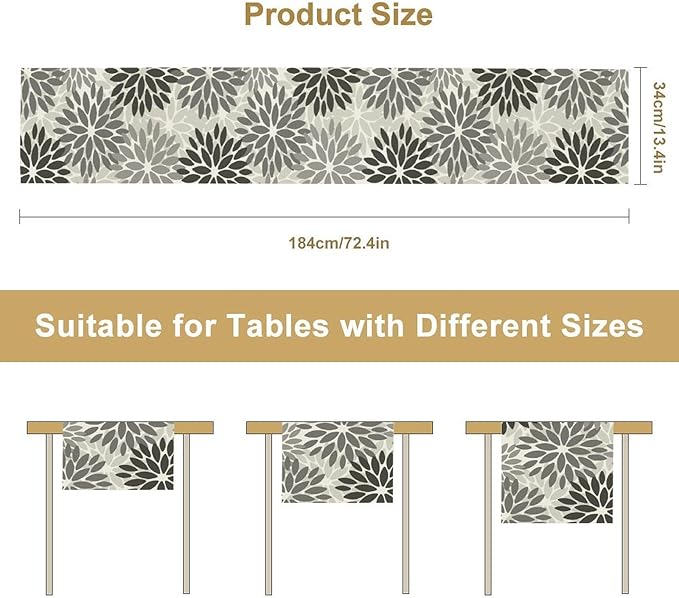 Gray Dahlia Flower Table Runner, Vintage Modern Linen Geometric Pattern Floral Table Runner Spring for Farmhouse Kitchen Dining Party Holiday Party, 13x108 Inch