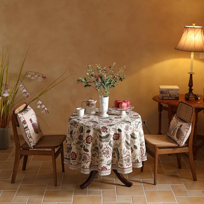 ISAENNE Designer Provence Floral Small Round Tablecloth,Linen Colorful Washable Indoor Table Cloth,Durable Home Decor Tablecloths for Dining Thanksgiving Kitchen Christmas,Diameter 55"-Ratina