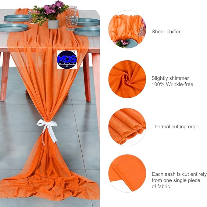 MDS Halloween Chiffon Table Runner - 20 Pack, 29 x 170 Inches, 14ft Each - Sheer Spooky Table Runners for Haunted House Parties, Trick-or-Treat Tables, Witchy Décor, Wedding & Events - Orange