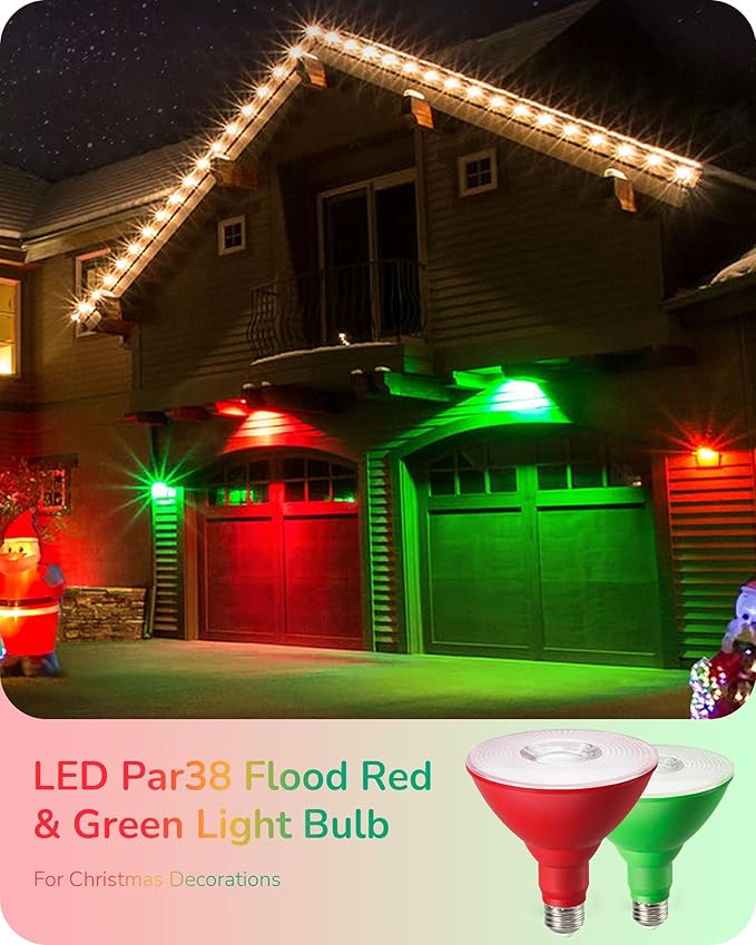 PAR38 Red and Green LED Flood Bulbs, 18W Dimmable, IP65 Outdoor 2-Pack