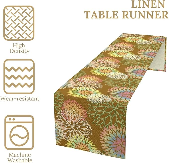 Brown Grey Dahlia Flower Table Runner, Linen Geometric Pattern Floral Table Decor Spring Farmhouse Decorations for Kitchen Dining Holiday Party Decor, 13x70 Inch