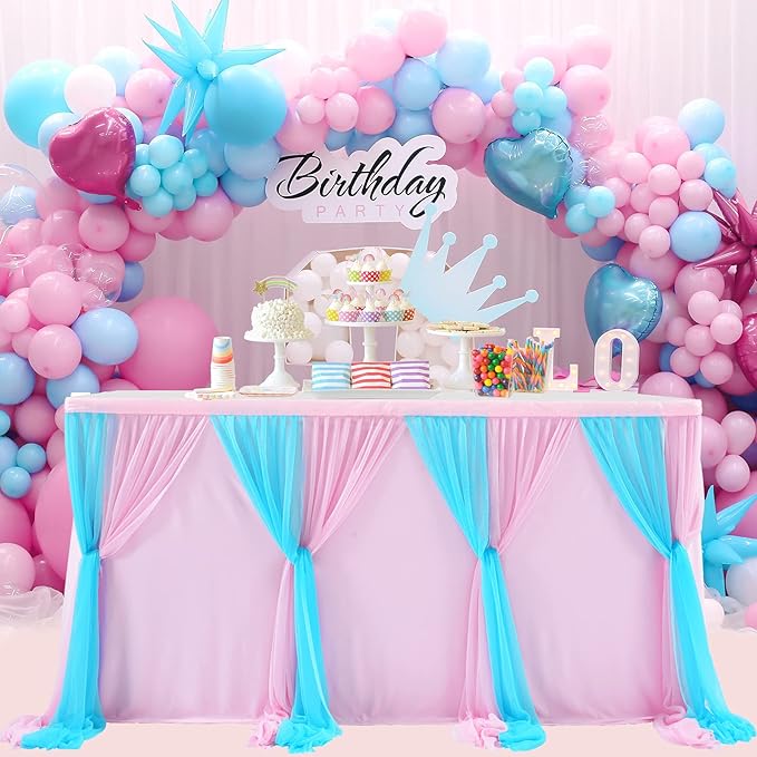 14ft Pink and Blue Table Skirt for Rectangle Tables or Round Tables Tulle Tutu Table Cloths for Gender Reveal Baby Shower Boy or Girl Birthday Party Wedding Dessert Buffet Banquet Table Decorations
