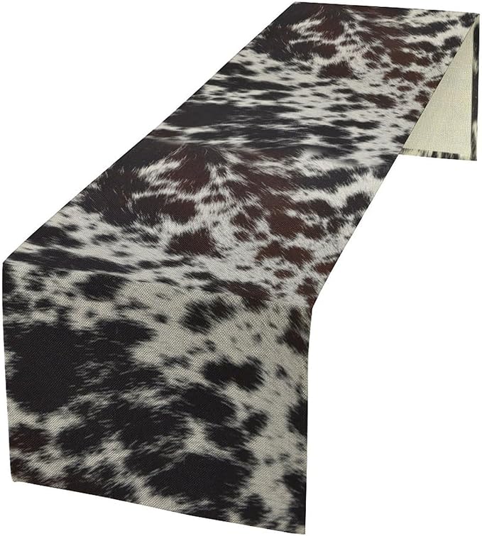 Cow Print Table Runner, Country Farm Animal Fur Skin Pattern Western Style Black Brown Cowhide Print Dinner Runner for Home Kitchen Dining Home Setting, 13x90 Inch