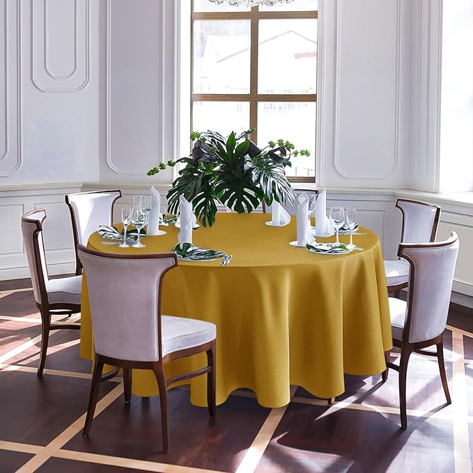 Biscaynebay Textured Fabric Round Christmas Table Cloths 108", Gold Water Resistant Table Covers for Dining, Kitchen, Wedding, Parties etc. Machine Washable