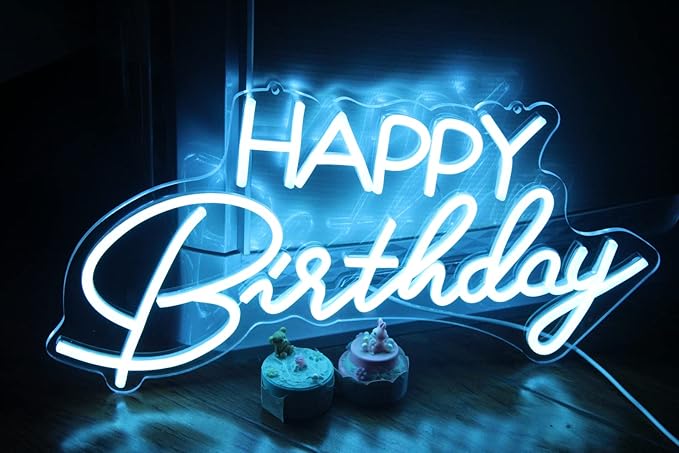 Lighted Neon Sign Ice Blue Happy Birthday Wall Light USB Powered