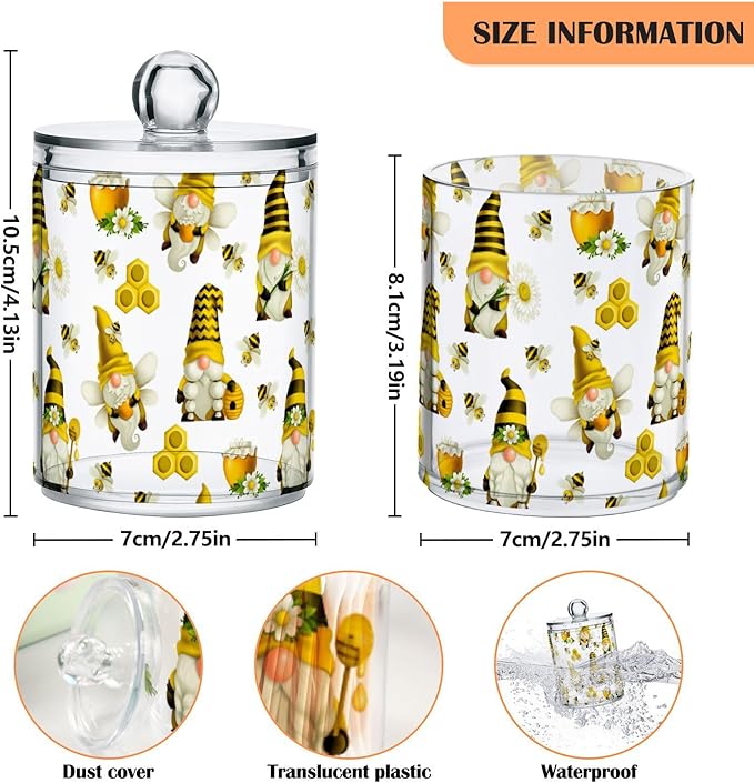 Qtip Holder Dispenser 2 Pack Gnome Bees Flying Dwarf Daisy Apothecary Jars with Lids Bathroom Vanity Countertop Canister Storage Organizer for Cotton Ball,Swabs,Pads,Floss
