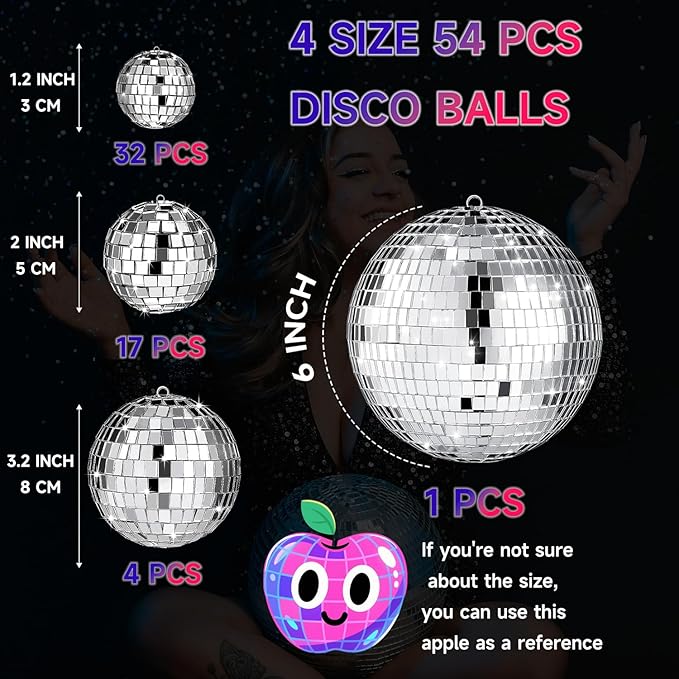 Hanging Disco Ball Ornaments, 54 Pcs Mini Mirror Set in 4 Sizes