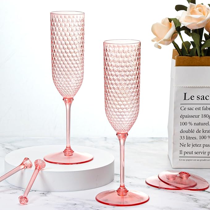 Champagne Glasses, 48 Pack Pink Detachable Plastic Flutes
