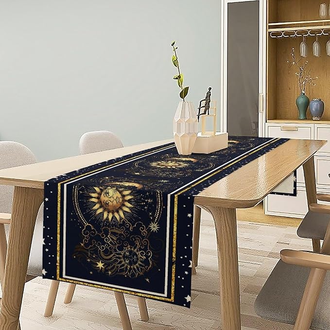 Sun Moon Table Runner, Seasonal Golden Sun Moon Holiday Kitchen Dining Table Runner for Kitchen Living Room Home Party Decor 13x108 Inch