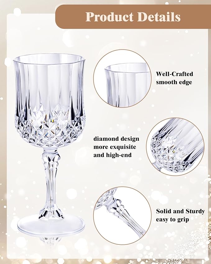 Ciaell 24PCS Plastic Wine Glasses - 7 Oz Plastic Goblets for Party - Clear Vintage Drinking Glasses - Disposable Water Goblets Set for Wedding, Bar, Wine, Beer, Juice, Cocktail, Whiskey