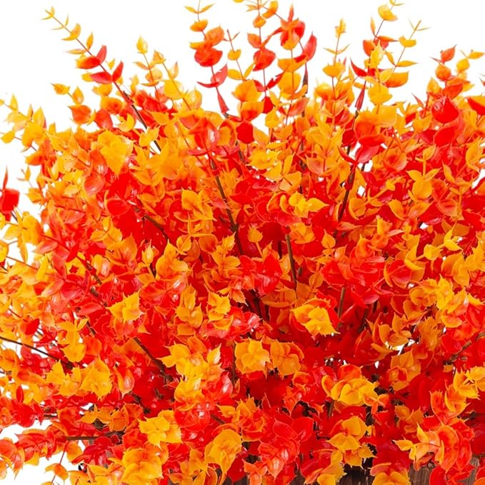 Artificial Fall Flowers Faux Mums for Outdoor Indoor Garden Home Decoration, Faux Flower Daisy with Eucalyptus Leaves Fake Plants Greenery Boxwood Porch Patio, 12 Bundles (Orange Eucalyptus)
