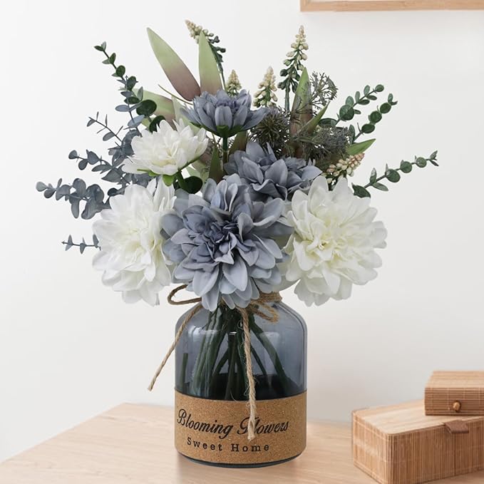 Fake Flowers with Vase,Silk Artificial Flowers in Vase,Fake Plants and Faux Flower Arrangement for Centerpiece Kitchen Table Decorations,Home Decor