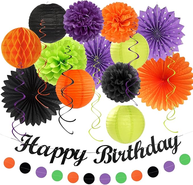 Black-Green Orange-Purple Halloween Birthday Party-Decorations - 21pcs Happy Banner,Paper Lanterns Honeycomb,Tissue Pom Poms Flower Fan,Kids Classroom Hanging Streamers Garland Decor Supplies Huglony