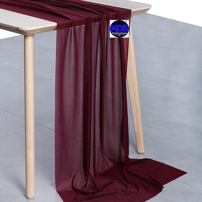 MDS 25 Pack 10ft Chiffon Table Runner 29 x 120 Inches Sheer Wedding Runner Romantic Rustic Table Runner for Wedding Decorations, Birthday Parties, Bridal Shower Party Arch Decor - Burgundy