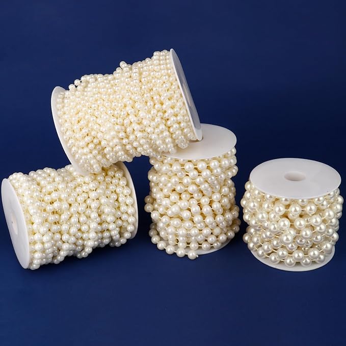 Beaded Trim Garland, Ivory 8mm Pearl Beads, 47 Ft Spool for Crafts