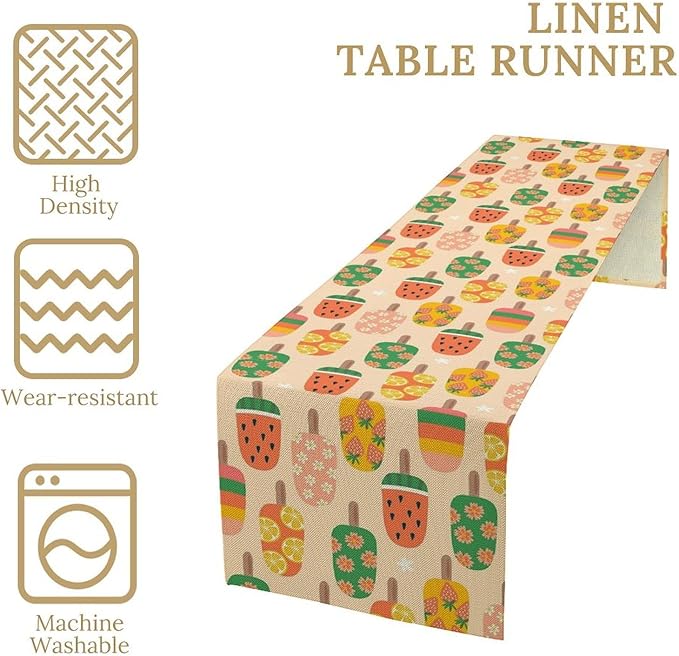 Summer Popsicles Table Runner, Colorful Cute Ice Cream Childish Seasonal Dinner Runner for Party Holiday Home Kitchen Dining Table Decor 13"x36"