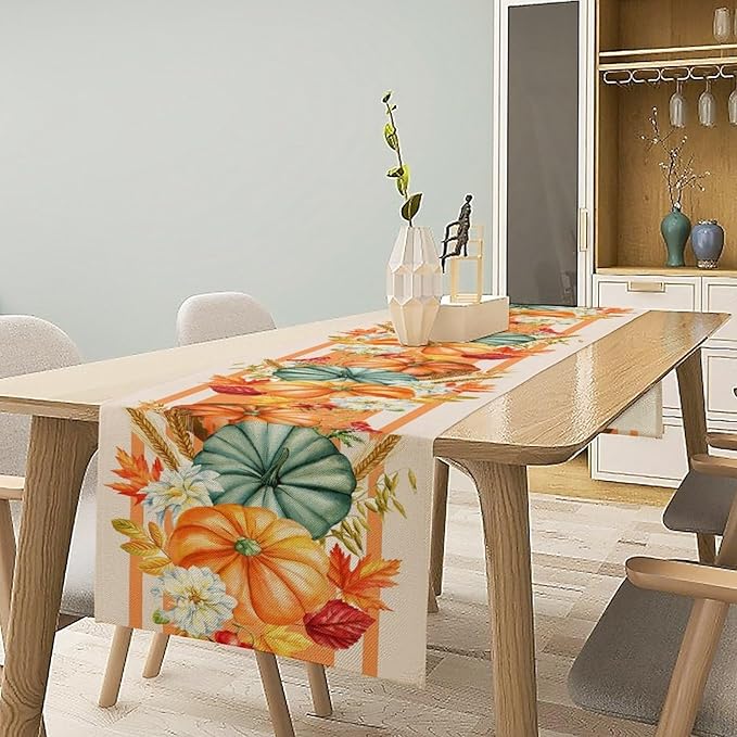 Autumn Table Runner,Orange Pumpkin Flowers Leaves Fall Table Runners Seasonal Kitchen Dining Table Decor for Thanksgiving Harvest Home Holiday Party 13x36 Inch