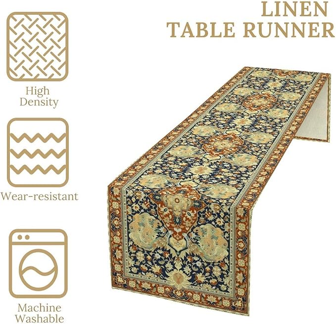 Vintage Boho Floral Table Runner, Elegant Luxurious Rustic Country Farmhouse Navy Blue Gold Retro Flower Pattern for Home Kitchen Table Decor Dining Coffee Room Party Decor 13x72in