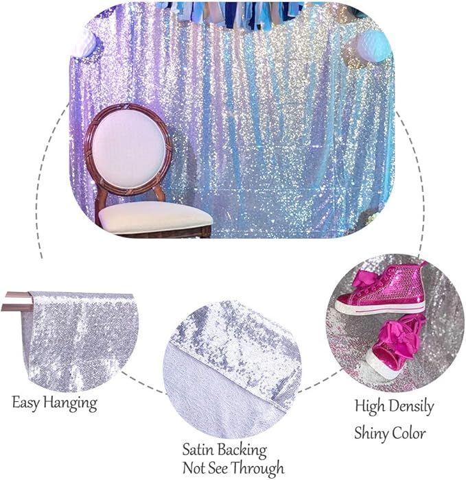 SquarePie Sequin Backdrop Curtain Background Opaque Non-Transparent Satin Sparkly for Wedding Party 10FT x 10FT Silver