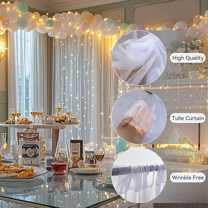 Ledido 10×10ft Tulle Backdrop Curtains with Lights String - 300LED Fairy Lights Sheer Curtain Backdrop for Weddings Baby Shower and Birthday Party Decorations(2 Panels 5×10ft)