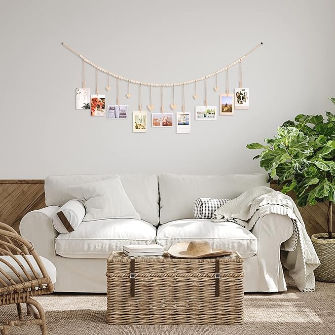 Hanging Photo Display with Clips, 9 Wood Clips, Boho Picture Frames Collage Wall Decor, Photo Hanger for Office Cubicle Decor, Kids Art Display (1)