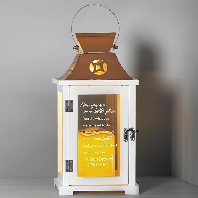 Decorative Candle Lantern, Personalized Memorial, Wood and Copper Finish