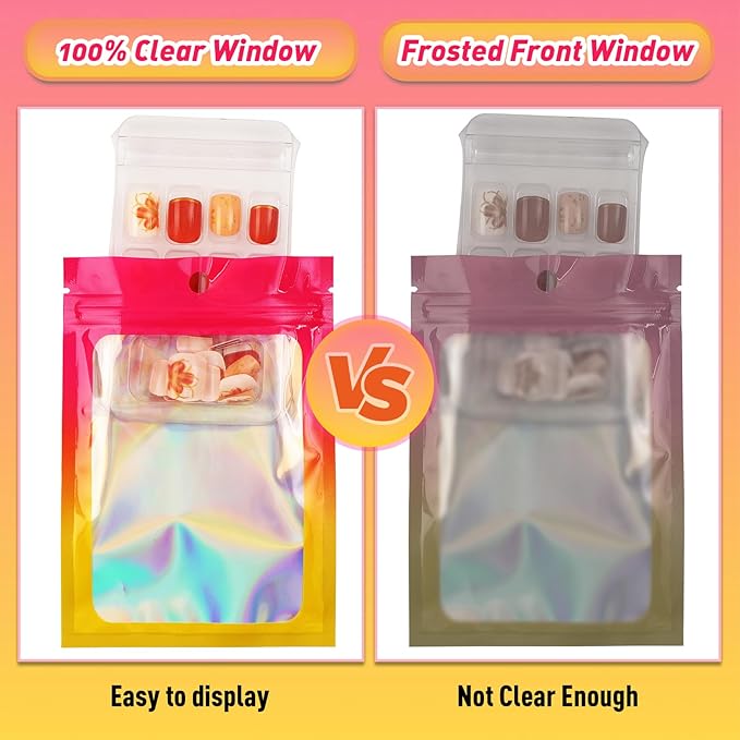 Funfery 100 Pack Gradient Holographic Bags,Mylar Resealable Bags with Zipper,Clear Window Packaging Pouchs,Foil Smell Proof Bag for Food Storage,Sample Jewelry Bag(5.5x7.9In,Hot Pink Orange)