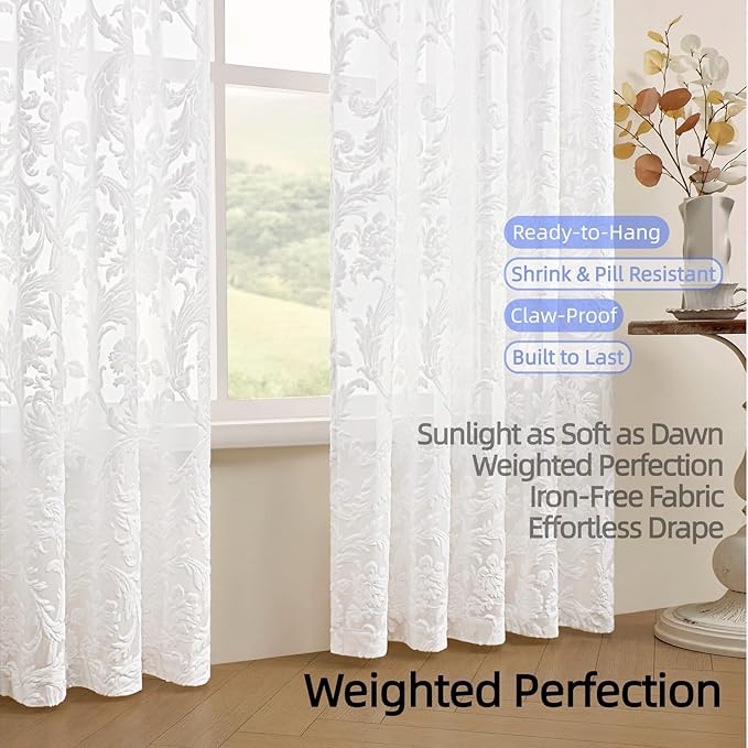 Curtains Sheer White Curtain Panels Boho Farmhouse Drapes with Vintage Floral Pattern 45" Short Length Rod Pocket for Bedroom Living Room Windows French Elegance 3D Relief, Set of 2 (52" Wide Each)
