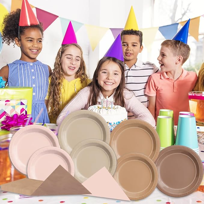 Party Pack Boho Brown Paper Plates and Napkins, 60 Pieces in 9 and 7 Inch