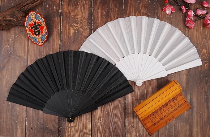 HUNANBANG 1 Dozen 12 Pieces Folding Hand Fans Church Wedding Gift, Party Favors, DIY Decoration Gift Size9 Wholesale 12pack (Black)