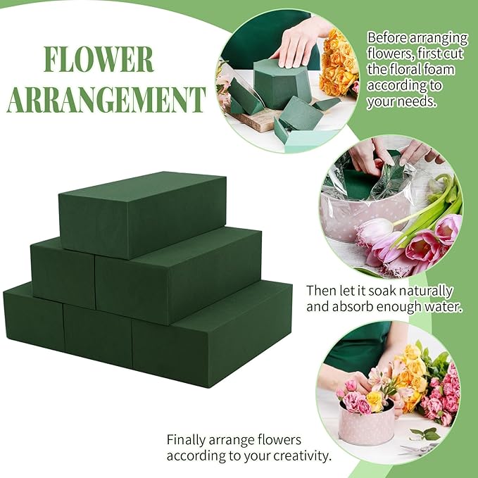 Aktor 6 Pcs Floral Foam Blocks for Fresh & Artificial Flower Arrangement, 8.8” x 4.1” x 2.7” Green Wet Foam for Wedding, Birthdays, Home, Office, and Garden Decorations