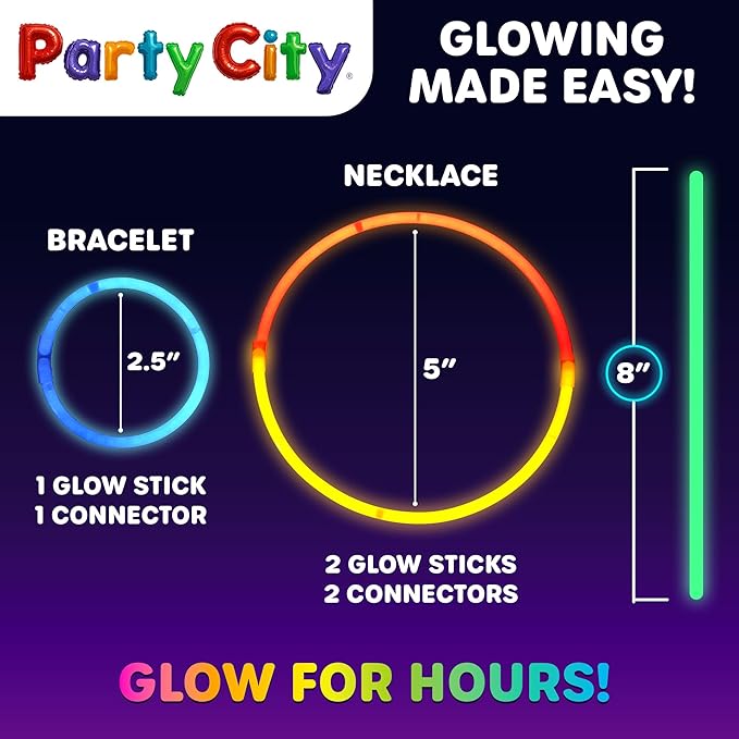 Party City 300 Glow Sticks Bulk Party Pack 8”– Neon Glow in the Dark Party Supplies, Glowsticks with Connectors Bracelets & Necklaces, Light Up Favors for Kids, Adults, Birthdays, Parties, Decorations