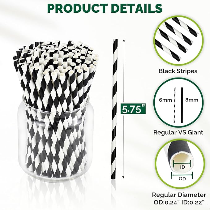 Paper Cocktail Straws, 5.75 Inch, 500 Count, Black Stripes